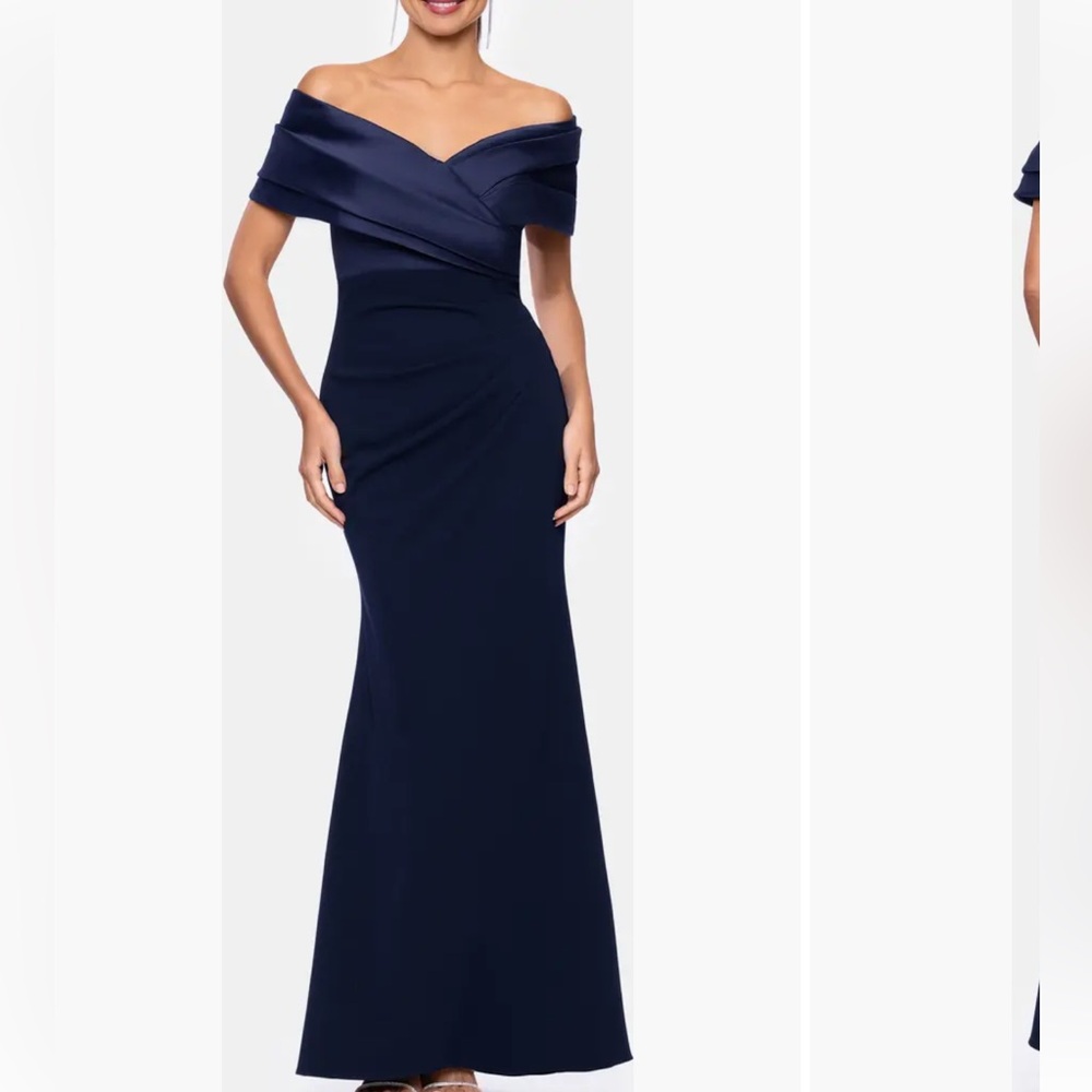 Betsy & Adam One-Shoulder Navy Evening Gown